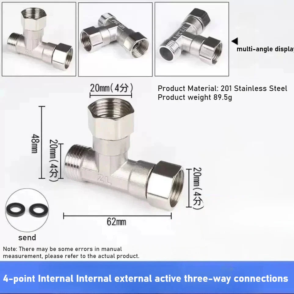 G1/2 Stainless Steel 3-Way T-Adapter Shower Water Splitter Valve