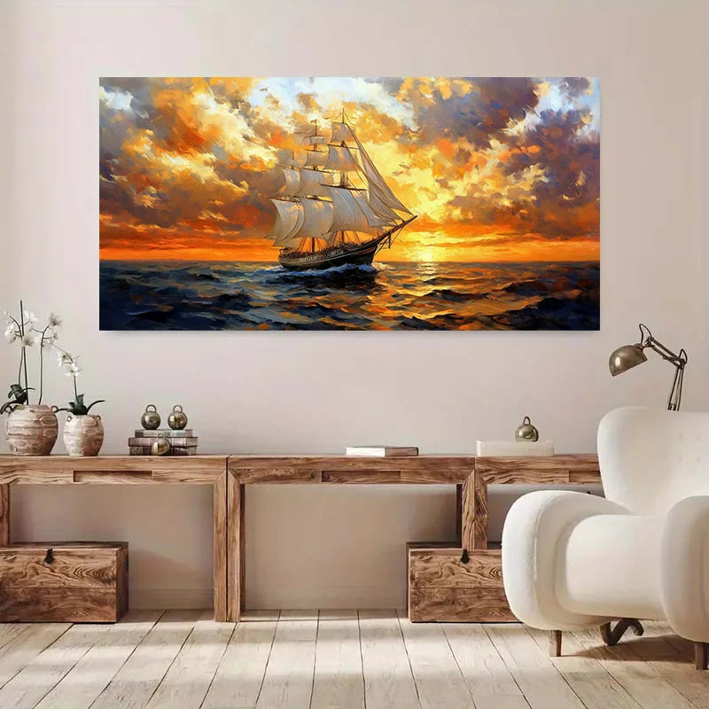 1pc Frameless Modern Retro Oil Paintings of Sailboats on The Sea Canvas Painting Art for Living Room Modern Canvas Poster Decor Peaceful Pleasures Health and Wellness