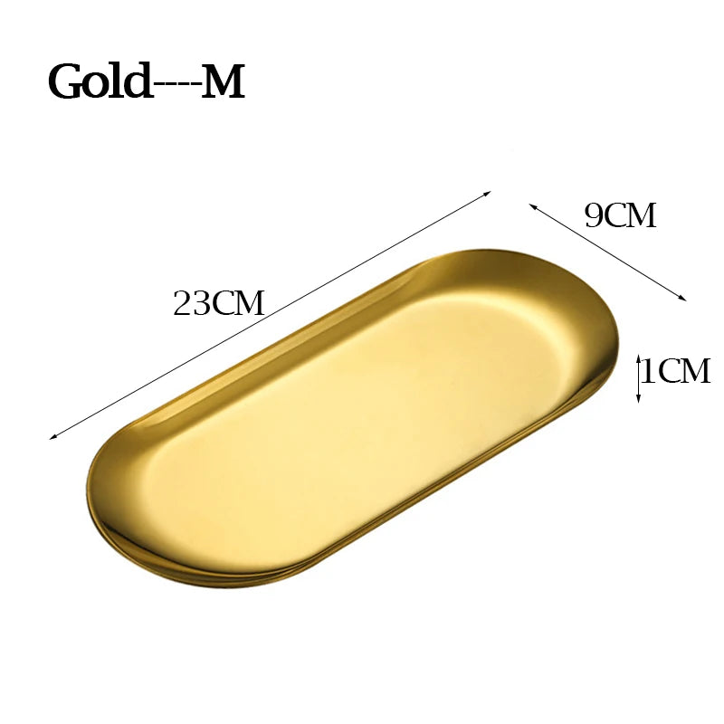Nordic Stainless Steel Oval Serving Tray – Mirror Polished Dessert & Snack Plate, Gold or Silver, 3 Sizes