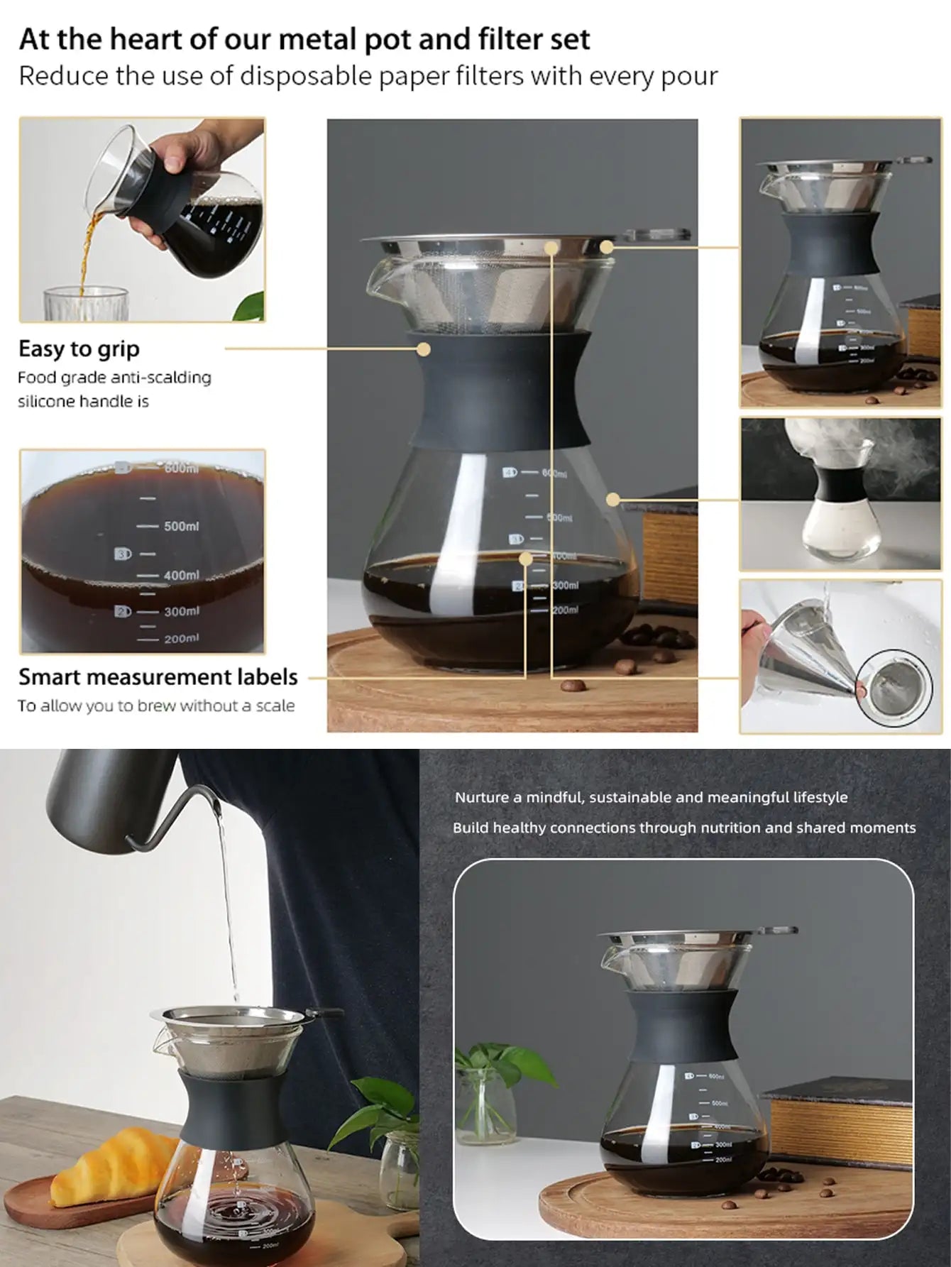 Pour Over Coffee Brewer with Stainless Steel Coffee Filter, Dripper Coffee Maker Pour Over with Thermal Insulating Peaceful Pleasures Health and Wellness