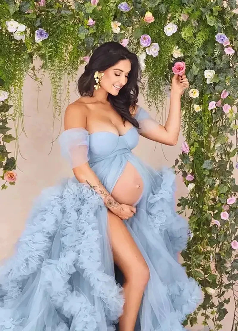 Deep V-Neck Lace Feather Maternity Gown | Photo Shoot Dress