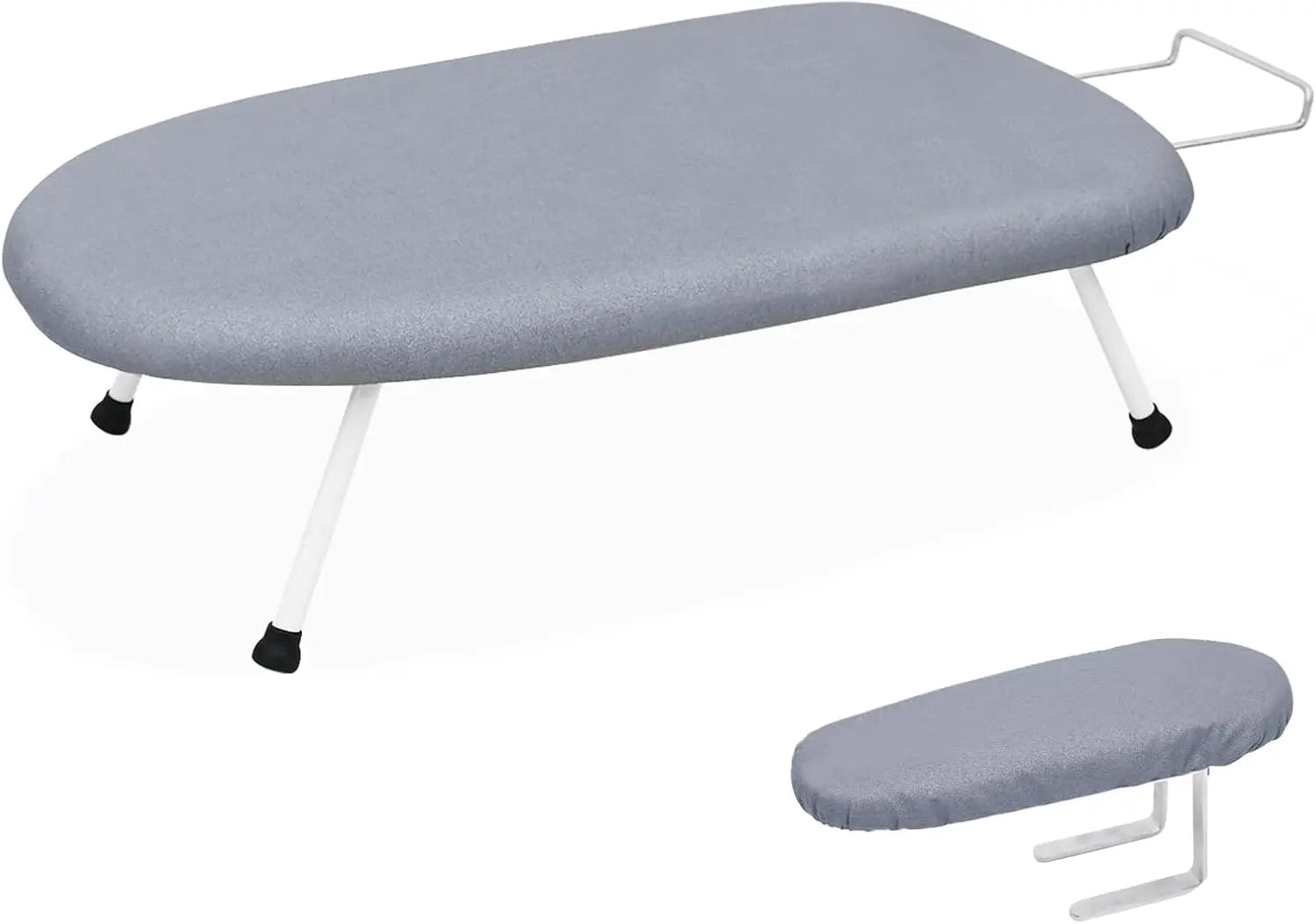 Foldable ironing board with gray cover on a white background
