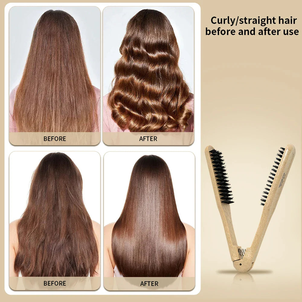 V-Type Wooden Handle Hair Straightener Comb | Anti-Static