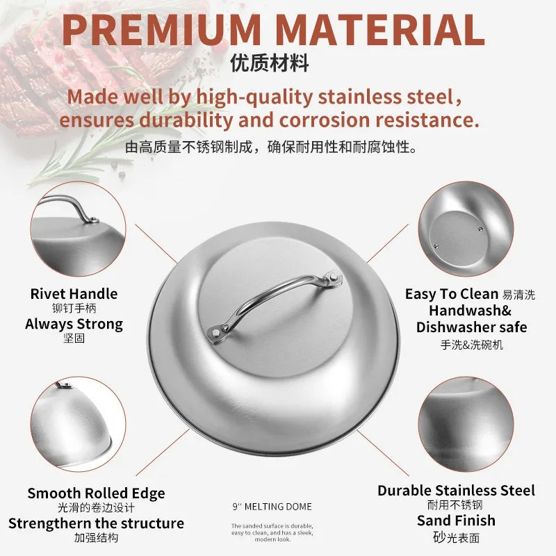 Stainless Steel Basting Cover Heatproof Round Cheese Melting Dome Burger Cover Meal Food Cover Kitchen Cooking Supplies Peaceful Pleasures Health and Wellness