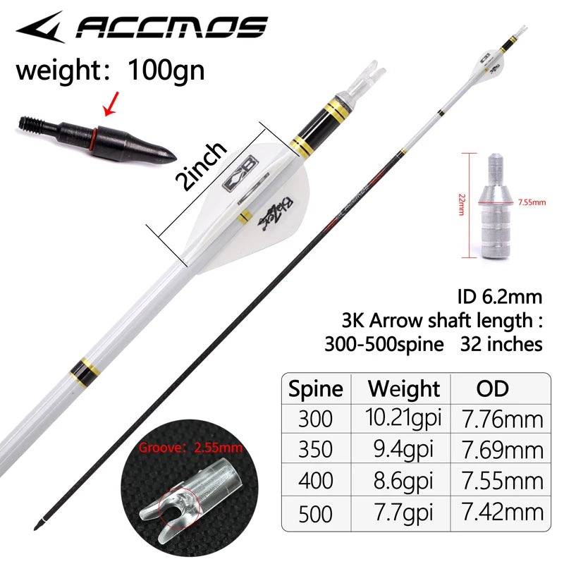6 ID Arrow 3K Weave Carbon Shafts Spine 200 250 300 350 500 Bow