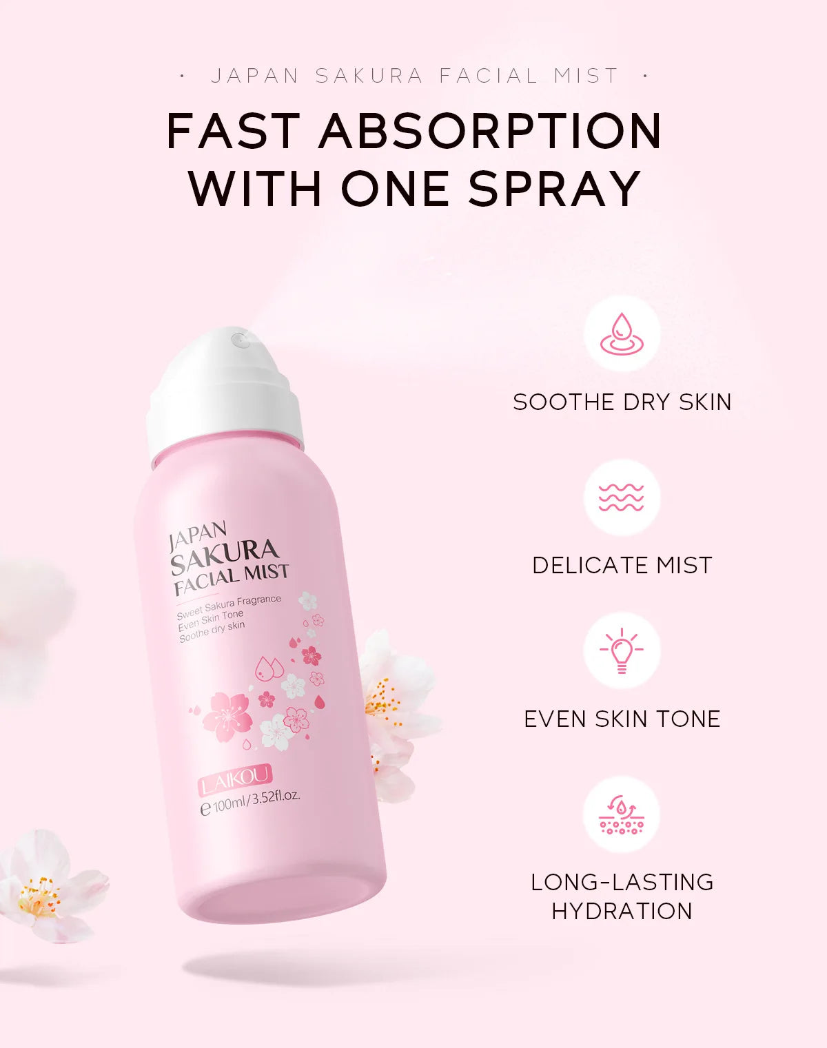LAIKOU Sakura Facial Mist Brightening Spray Moisturizing Face Serum Brightening Toner Shrink Pores Oil Controlg Skincare 100ml Peaceful Pleasures Health and Wellness