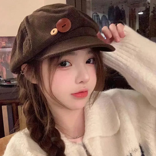 Retro Button Corduroy Hat Keep Warm and Windproof Octagonal Cap Season Versatile Face-enhancing Little Painter Cap Newsboy Hat Peaceful Pleasures Health and Wellness