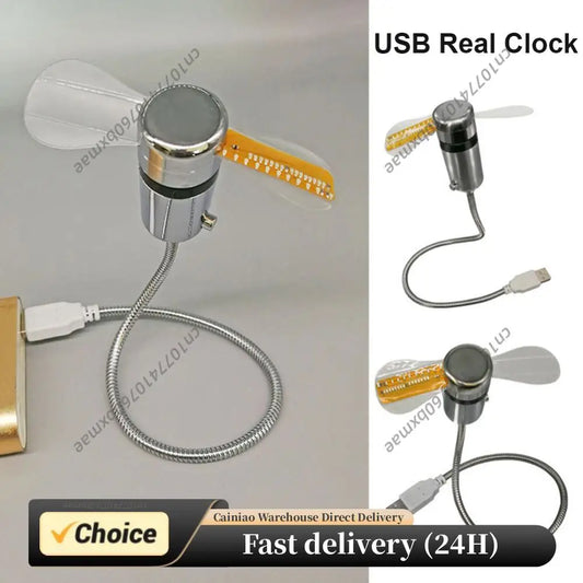 Portable Clock Fan RGB LED Night light 5V USB Hand Fan Real Time Temperature Display Metal Mini Fan for PC Laptop Desktop Cooler Peaceful Pleasures Health and Wellness