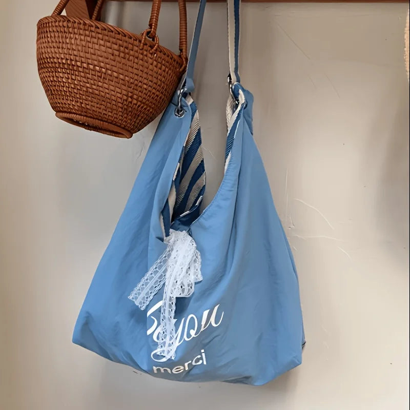 Double-Sided Women's Tote Bag | Striped Lace Bow Shoulder Bag