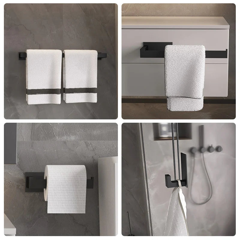 Black No-Drill Bathroom Hardware Set – Towel Bar & Robe Hook