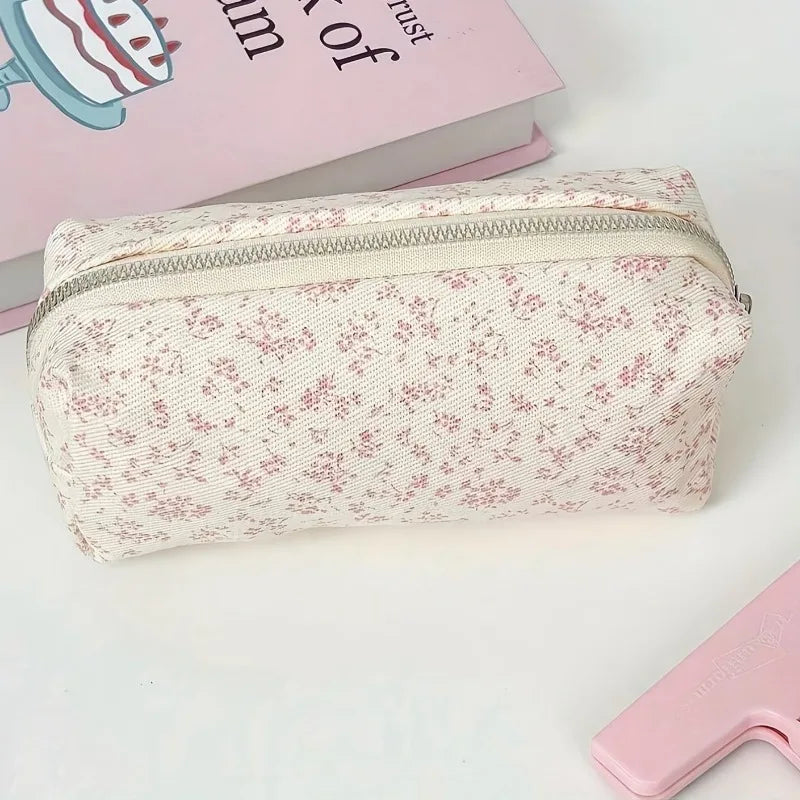 Large Floral Pencil Case | Macaron Linen-Look Stationery Bag