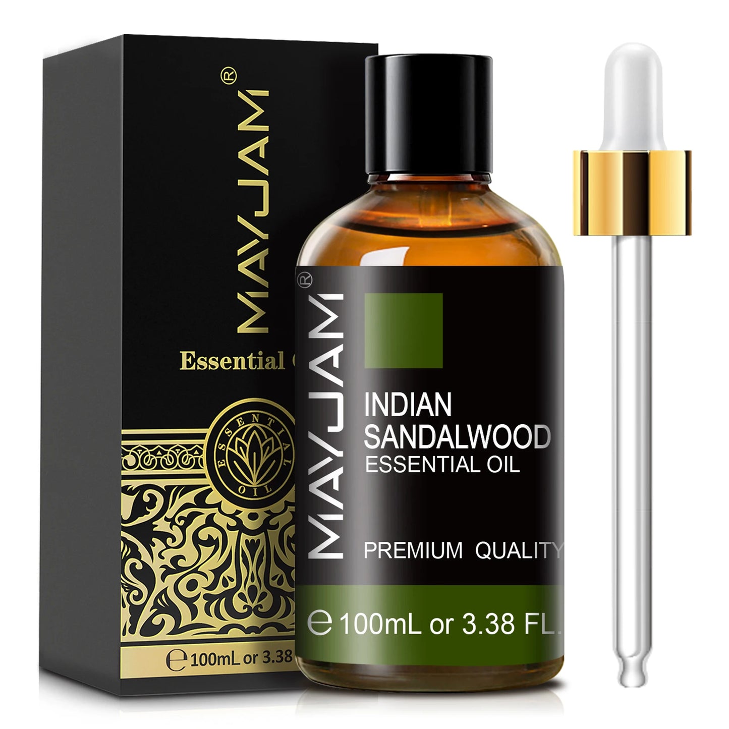 MayJam Indian Sandalwood essential oil bottle with dropper and packaging on a white background