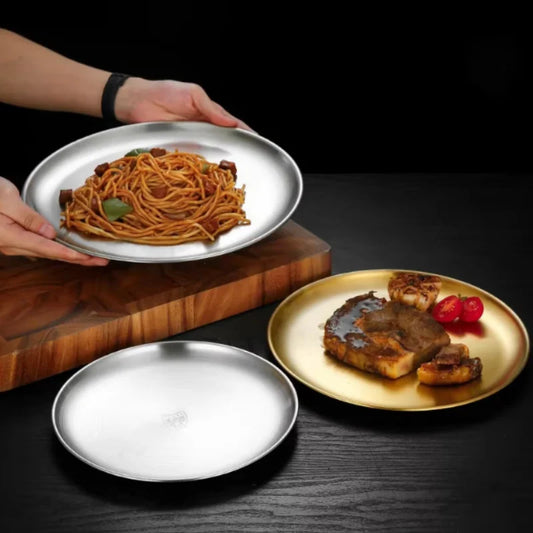 Thickened Stainless Steel Golden Round Fruit Plate Cake Plate Bone Tray BBQ Plate Flat Bottom Shallow Tray Peaceful Pleasures Health and Wellness