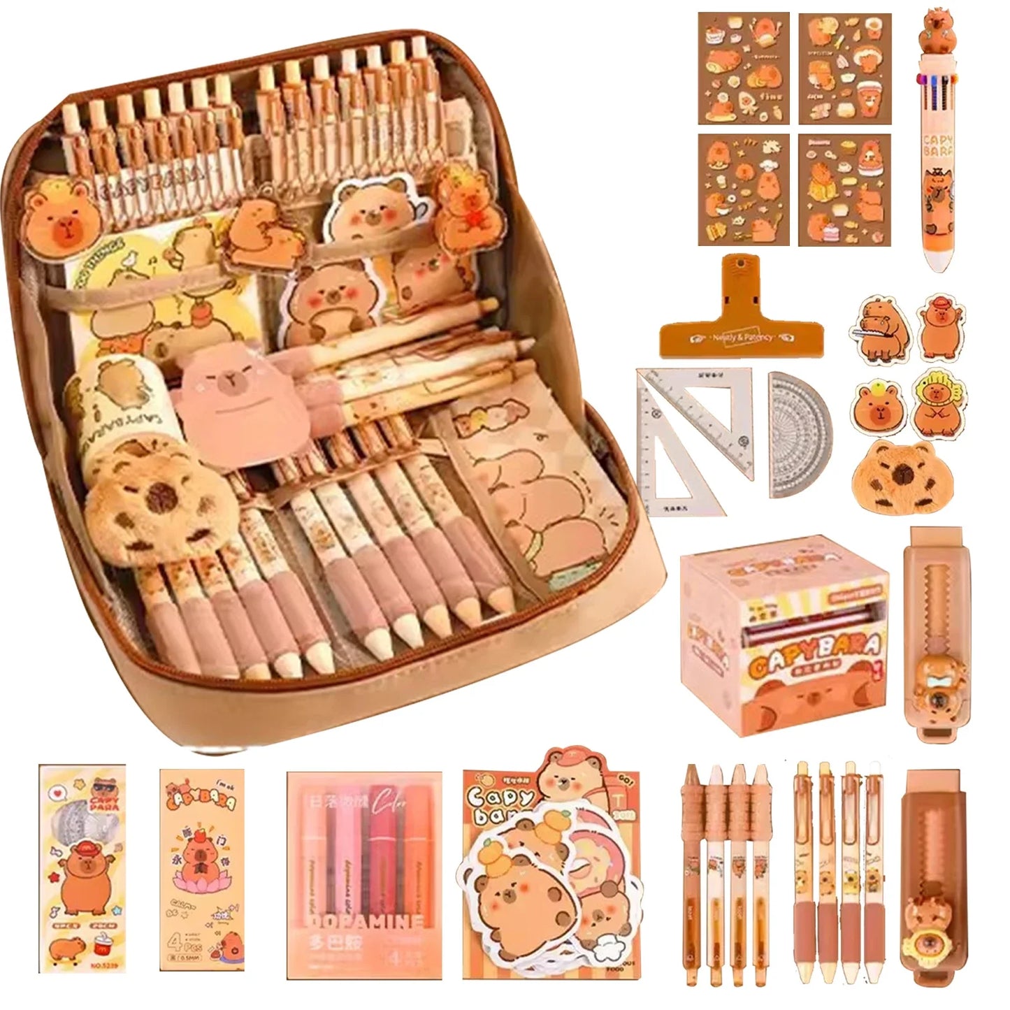 Capybara Stationery Set Cute Pencil Case With Pens Clips Rulers Sticky Note 10-Color Ballpoint Pen Pencil Organizer For Students Peaceful Pleasures Health and Wellness a set