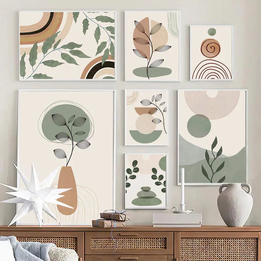 1pc frameless Canvas painting Boho Posters Abstract Geometry Line Canvas Painting Leaves Sun Rainbow Nordic Wall Art Pictures Peaceful Pleasures Health and Wellness