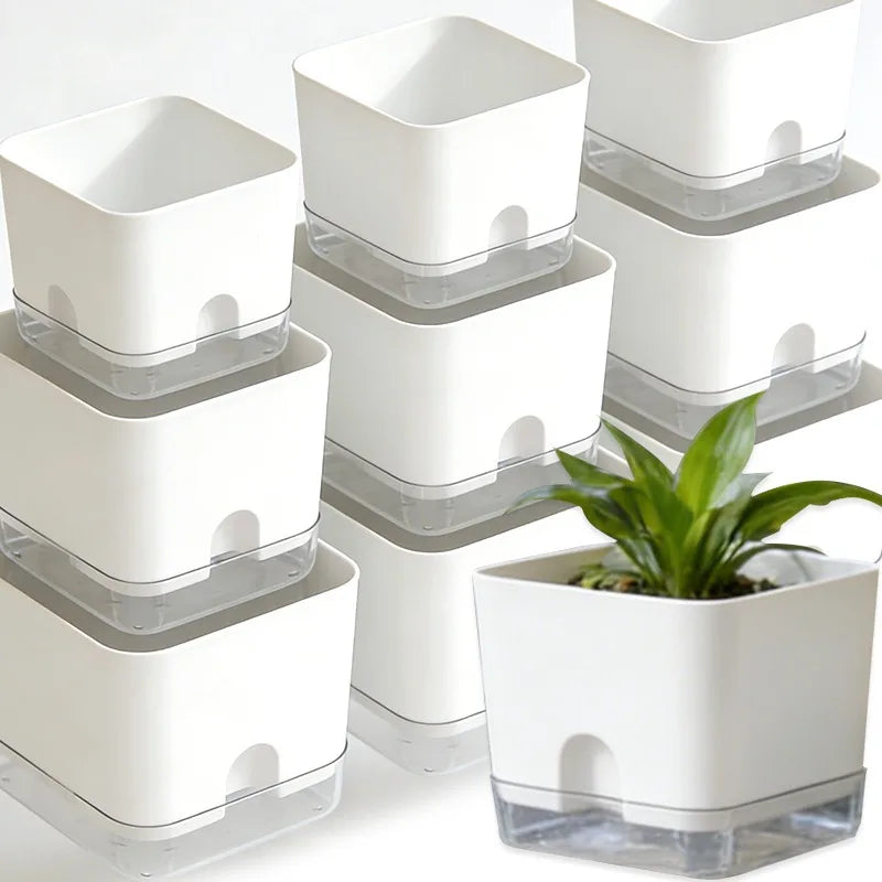 White Square Self-Watering Plant Pot | Double Layer Flowerpot