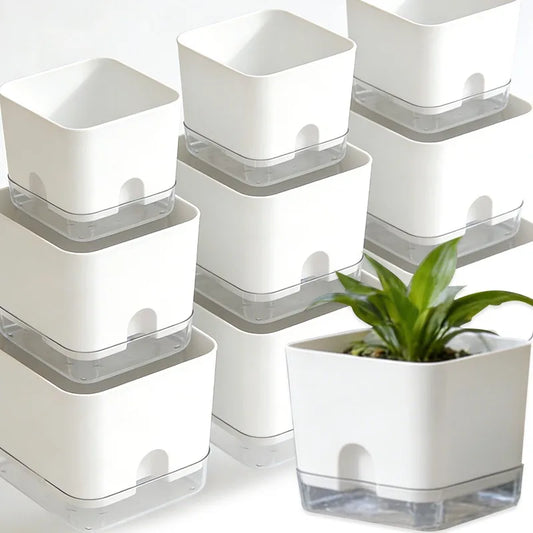 White Square Self-Watering Plant Pot | Double Layer Flowerpot Self-Watering Planter Peaceful Pleasures Health and Wellness