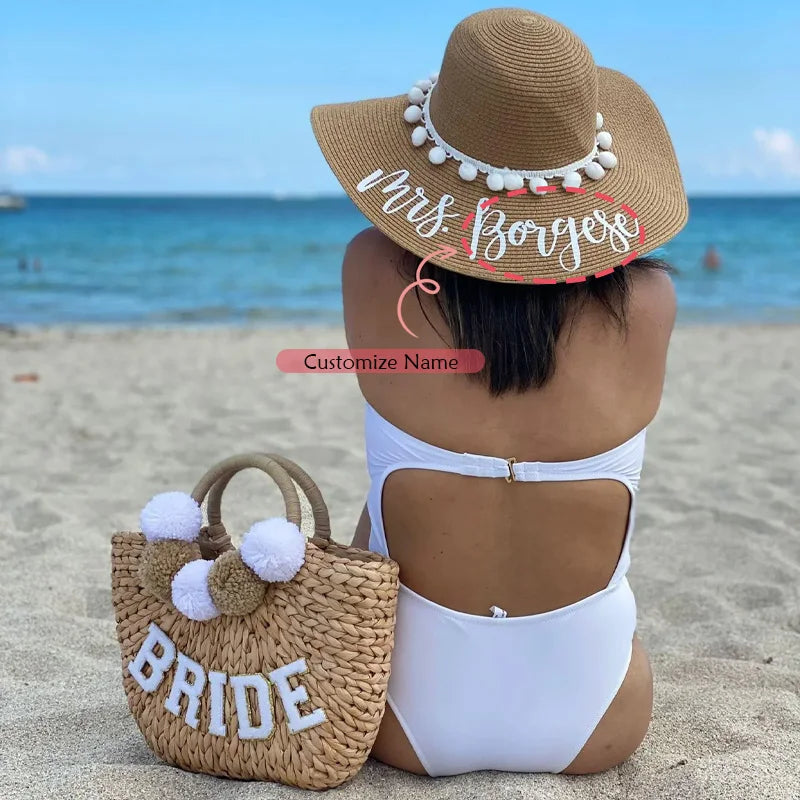 Personalized Mrs Straw Hat | Custom Floppy Beach Hat for Bride