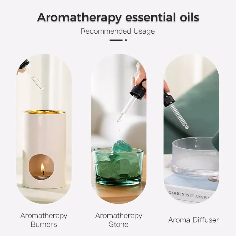Aromatherapy product usage guide with aromatherapy burners, stone, and diffuser.