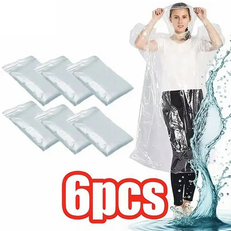 Disposable Waterproof Rain Poncho 6-Pack – Clear Emergency Raincoat