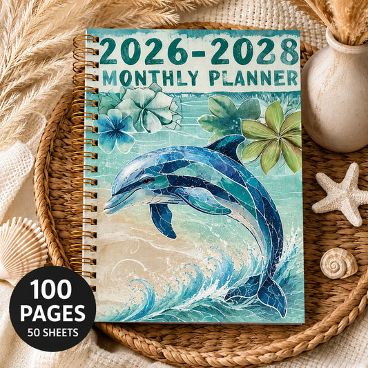 2026-2028 3 Year Spiral Planner Monthly Daily Agenda Cute Dolphin Peaceful Pleasures Health and Wellness