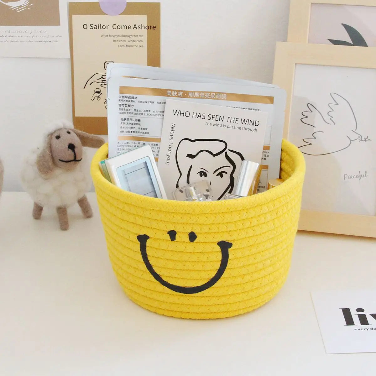 Smiley Face Desktop Storage Box Fabric Foldable Organizer for Remotes Stationery Mobiles Cosmetics Medicine Miscellaneous Items Peaceful Pleasures Health and Wellness YELLOW