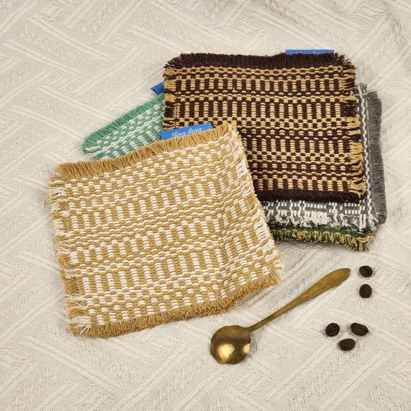 Vintage-inspired, tassel-trimmed woven coasters. checkered square fabric trivets, perfect for coffee, tea, and more Peaceful Pleasures Health and Wellness
