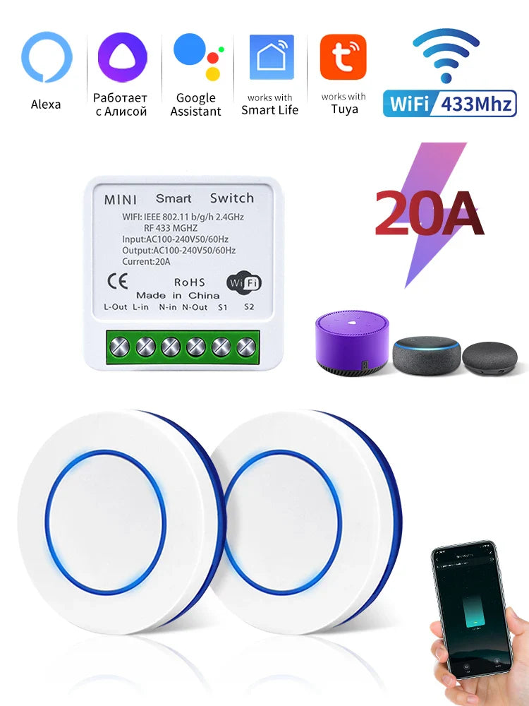 Tuya WiFi Smart Switch 20A RF433MHz – Alexa & App Control
