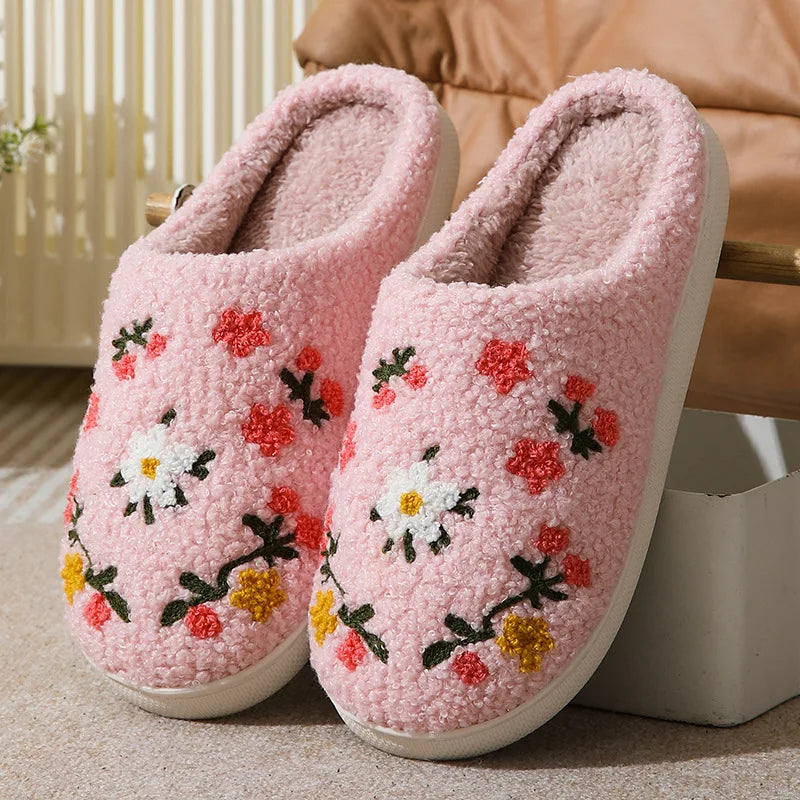 Women's Fluffy Plush Flower Slippers – Soft Non-Slip Indoor Slides