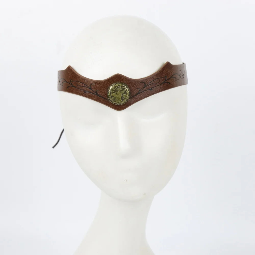 Viking Deer Medallion Leather Headband Medieval Tree Pattern