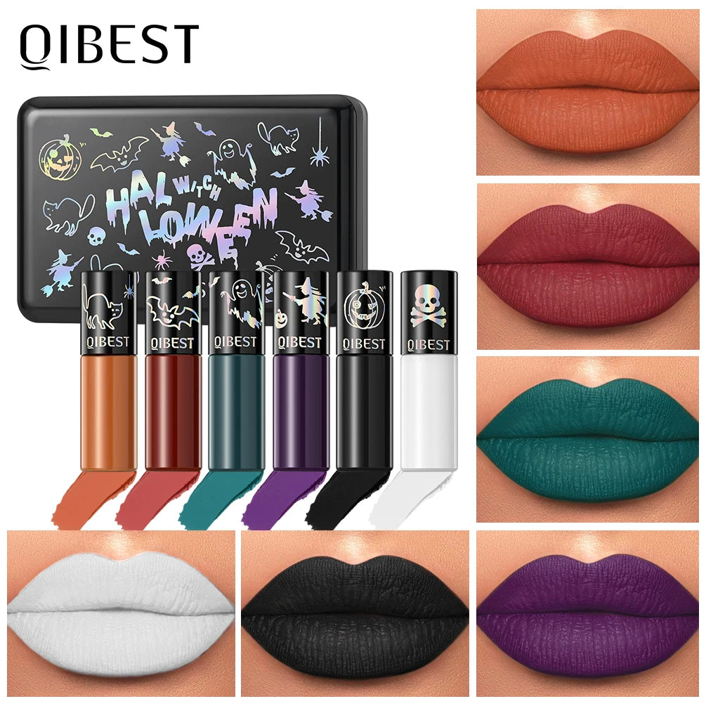 QIBEST 6 Color Halloween Makeup Sets Matte Liquid Lipstick Black White Purple Green Red Orange Lipgloss Non-Stick Cup Lipstick Peaceful Pleasures Health and Wellness