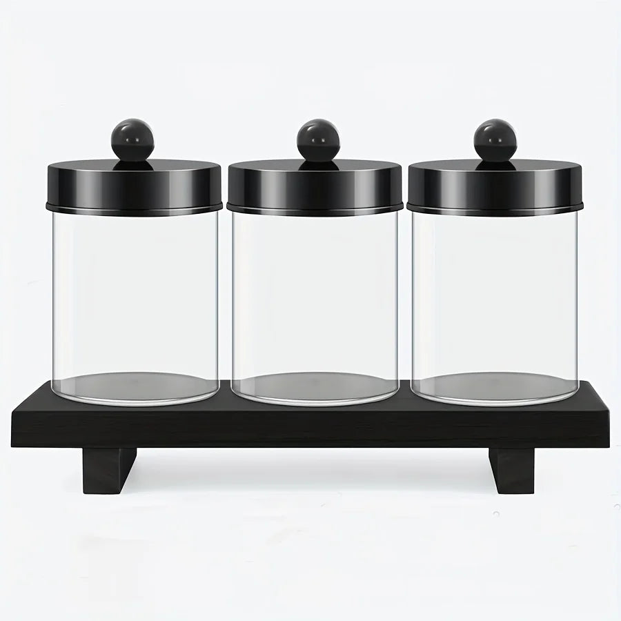 3-Pack Apothecary Jar Canister Set with Lids & Storage Tray – Q-Tip, Cotton Ball & Floss Organizer
