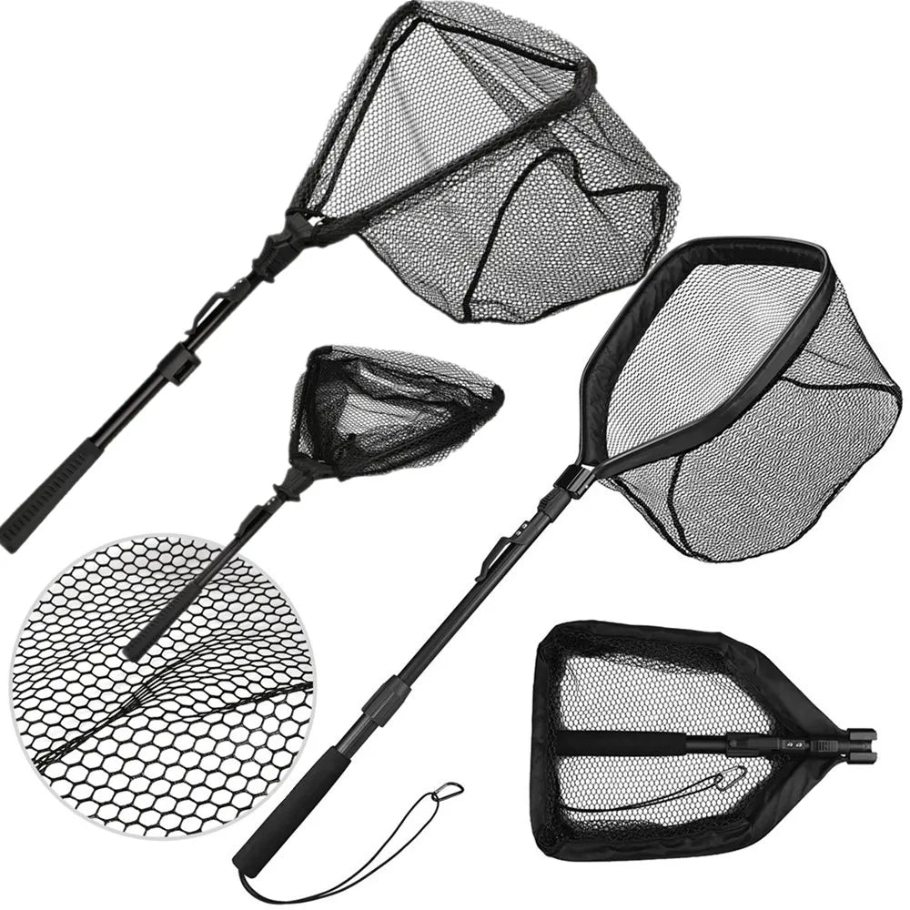 Folding Fishing Landing Net with Aluminum Telescoping Pole Handle Nylon Mesh Hoop 55cm 80cm 100cm Extend for Kids Adults Peaceful Pleasures Health and Wellness
