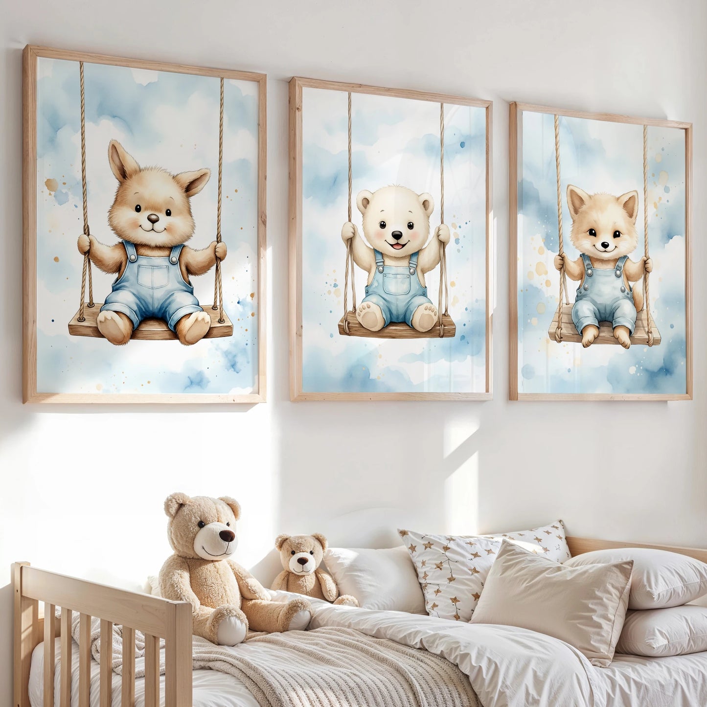 Cartoon Animals Watercolor Canvas Wall Art for Kids Room Decor