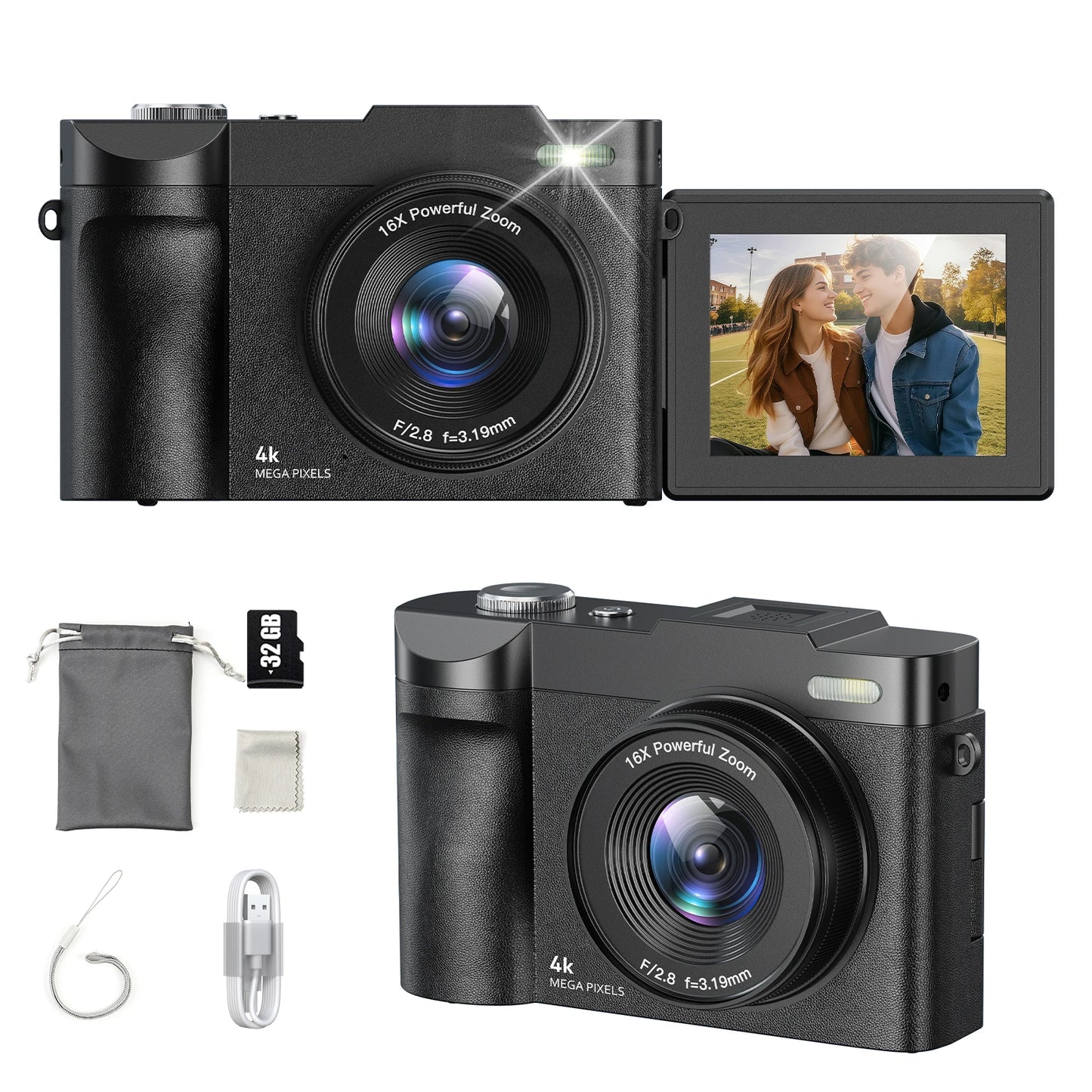 Digital Camera for Photography Camera with 2.8" 180° Flip Screen 16X Shoot Camara with 32GB Micro SD Card for Beginner Gifts Peaceful Pleasures Health and Wellness Black With 32GB Card