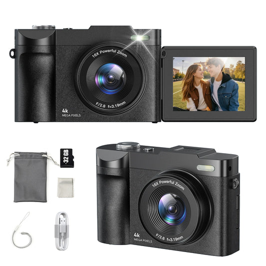 Digital Camera for Photography Camera with 2.8" 180° Flip Screen 16X Shoot Camara with 32GB Micro SD Card for Beginner Gifts Peaceful Pleasures Health and Wellness Black With 32GB Card