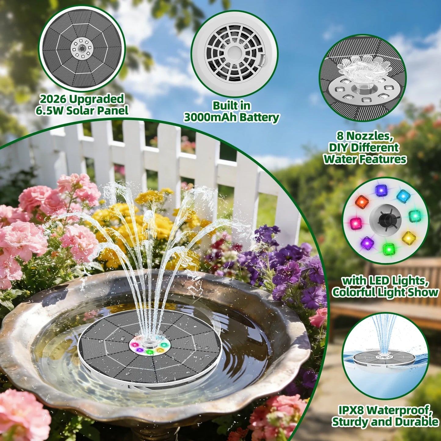 6.5W Solar Bird Bath Fountain Pump – LED Lights & 3000mAh Battery