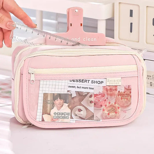 Pink Pencil Case Large Capacity 3 Compartments School Pencils Bag Zipper Pen Pouch Back To School For Girls Stationery Supplies Peaceful Pleasures Health and Wellness