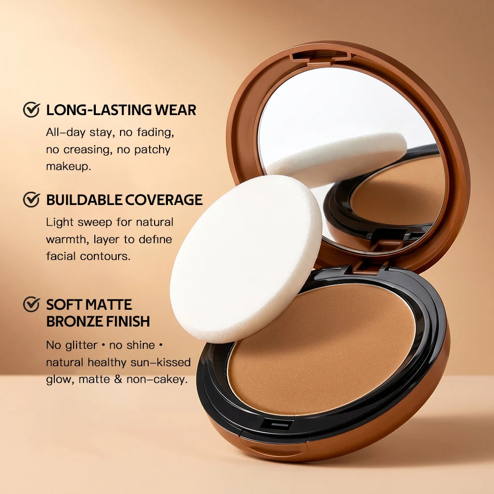 Bronze Compact Powder Long-Lasting Smooth Matte Bronze Finish Natural Brightening Conceal Flaw Even Skin Tone Powder With Mirror Peaceful Pleasures Health and Wellness