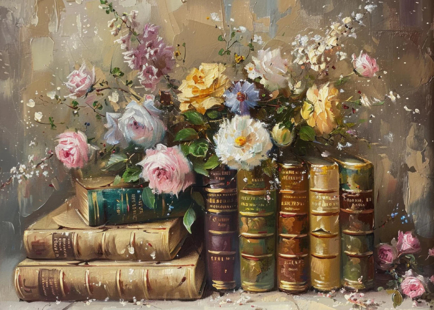Books & Flowers Vintage Canvas Wall Art | Pink Farmhouse Print