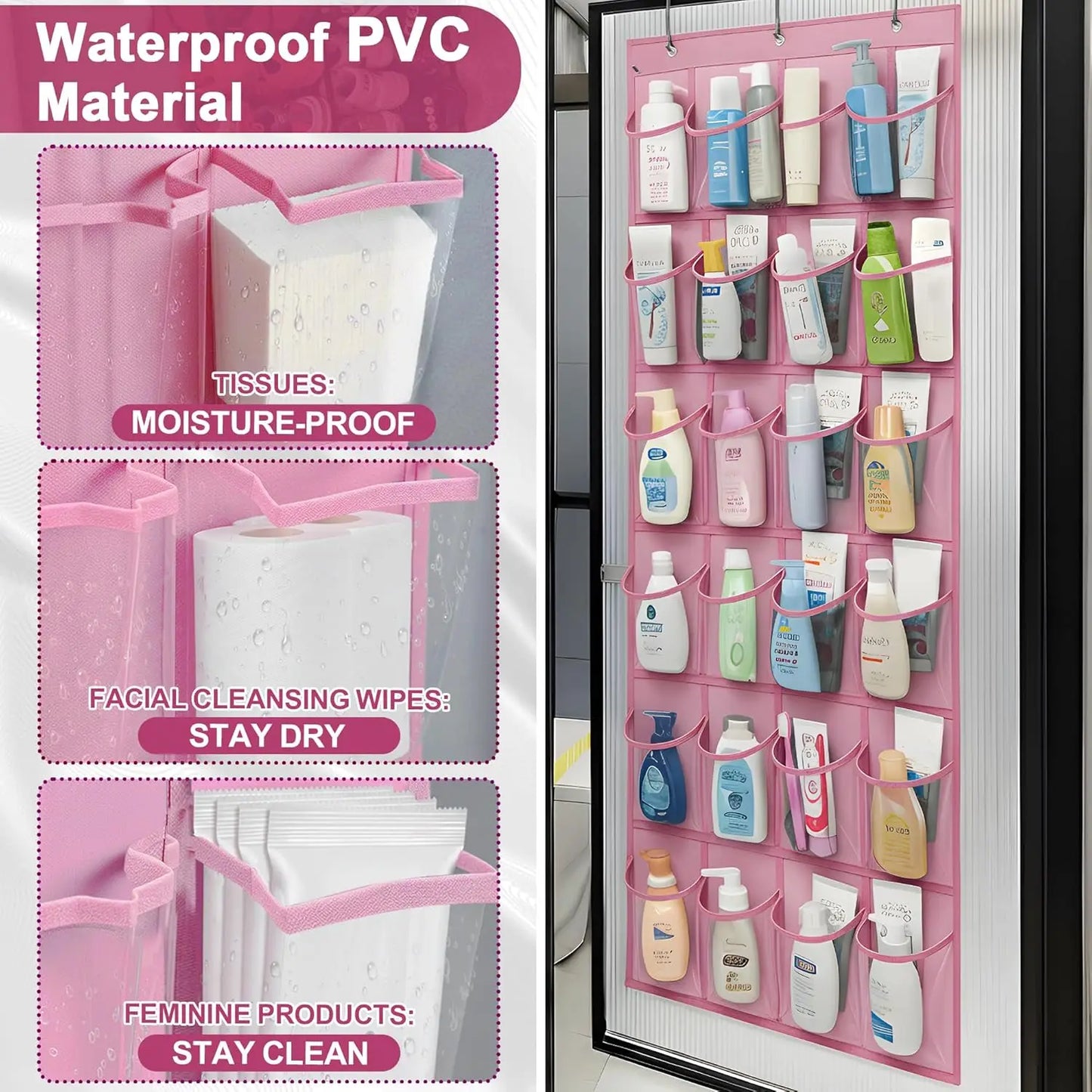 Pink over-the-door organizer with various compartments for bathroom products, featuring text on waterproof PVC material.