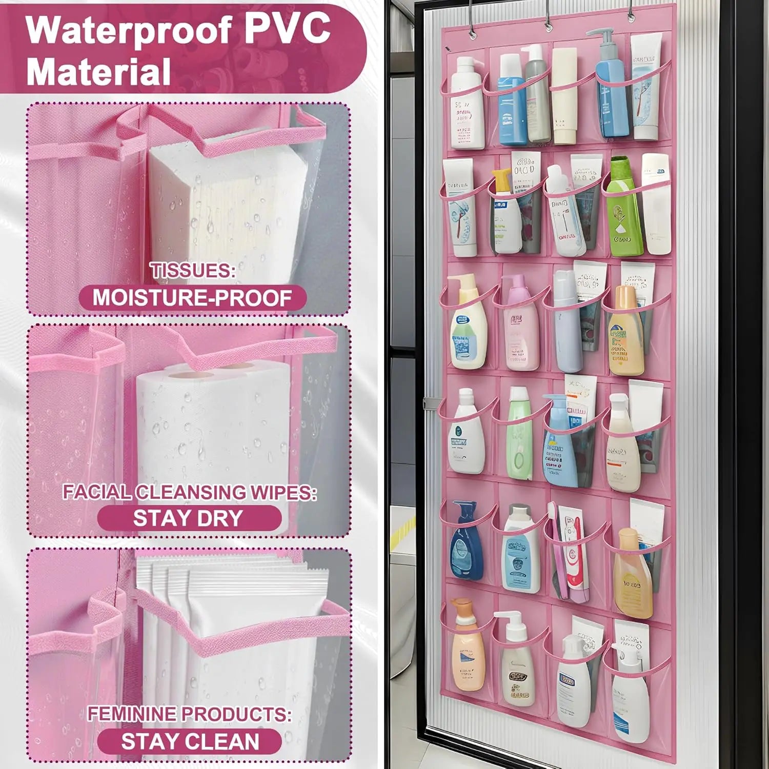 Pink over-the-door organizer with various compartments for bathroom products, featuring text on waterproof PVC material.