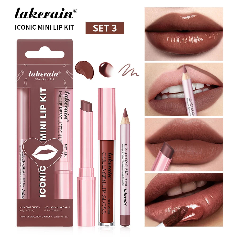 3pcs Lip Makeup Set Lip Liner Lip Gloss Lipstick Mirror Effect Beep Lips High Color Long-lasting Hydrates Travel Mini Set Peaceful Pleasures Health and Wellness set 3