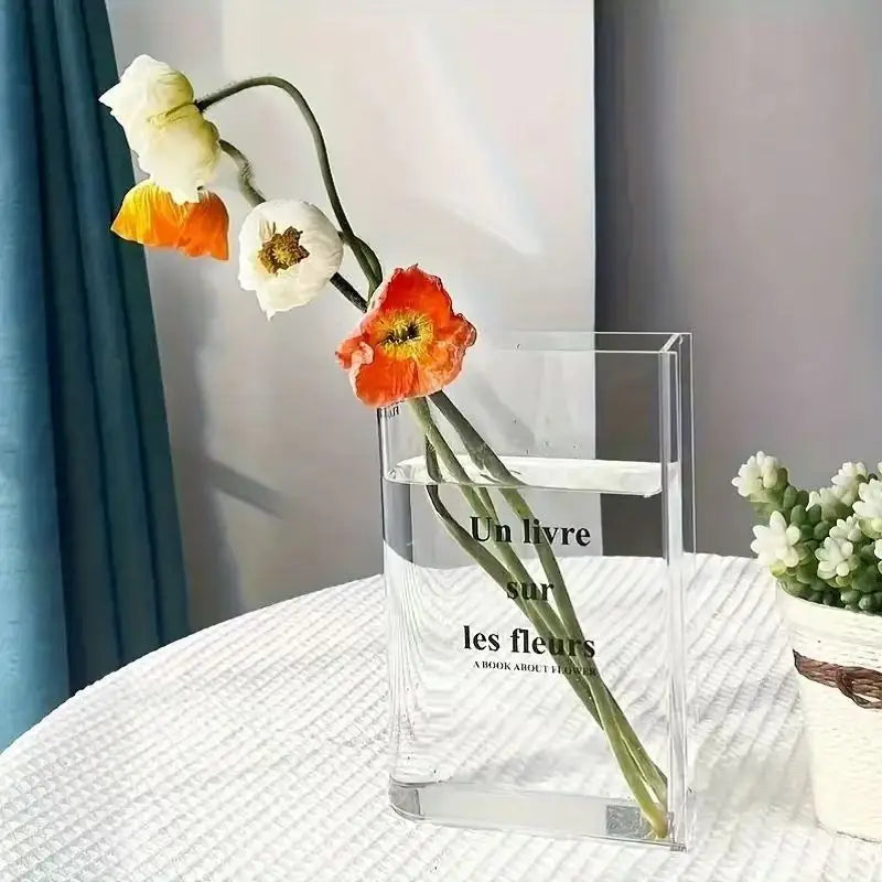 Clear Acrylic Book Vase for Flowers – Transparent Tabletop & Bookshelf Flower Vase, Modern Home Decor
