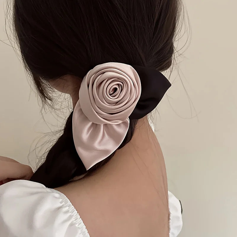 Satin Bow Hair Clip with Rose Design – Black & Beige Ponytail Holder Peaceful Pleasures Health and Wellness