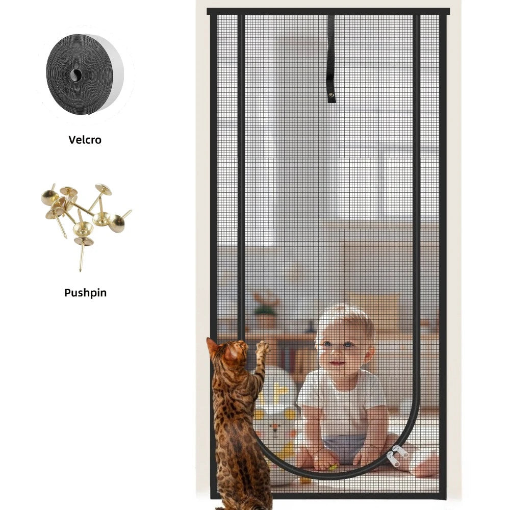 Reinforced Heavy Duty Cat Screen Door Thickened Cat Scratch Mesh to Prevent scratching D/U-shaped with Bilateral Zippers Peaceful Pleasures Health and Wellness U shape Black W80cm*H200cm
