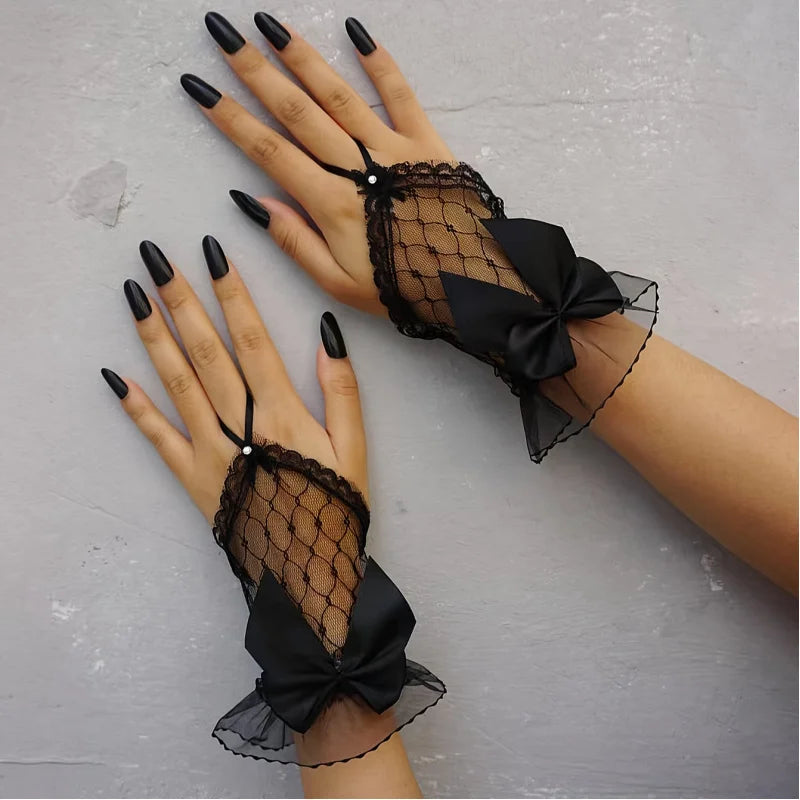 A pair of blackY2KPunk style fingerless gloves，With bowknot and lace details - Non-elastic Texture Design，Suitable for women's d Peaceful Pleasures Health and Wellness