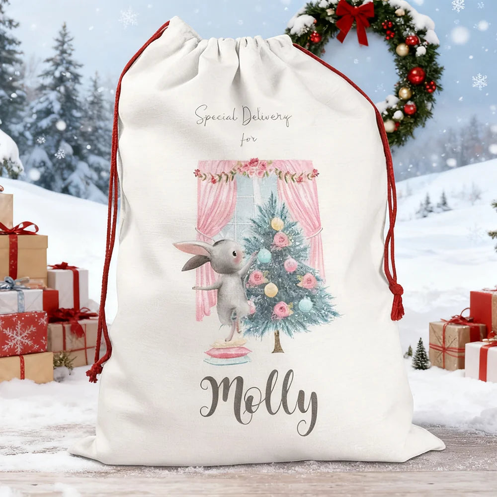 Personalized Pink Bunny Christmas Sack | Large Girl's Santa Bag Christmas Gift Sack Peaceful Pleasures Health and Wellness