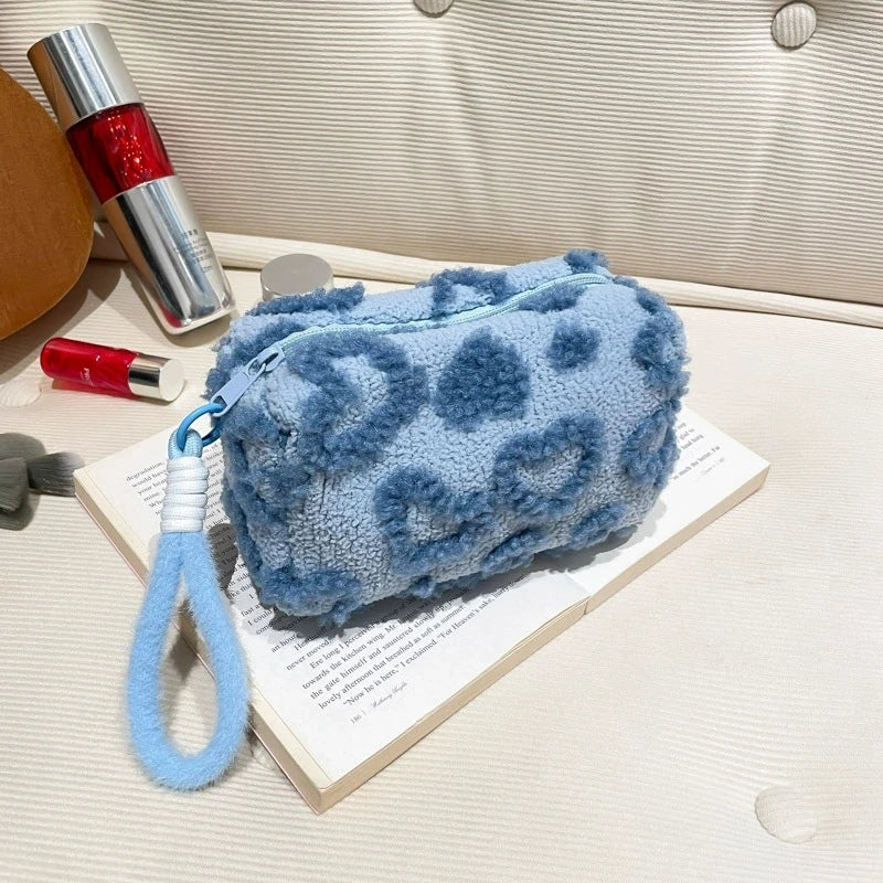 Plush Makeup Bag with Handle | Love Print Travel Cosmetic Pouch