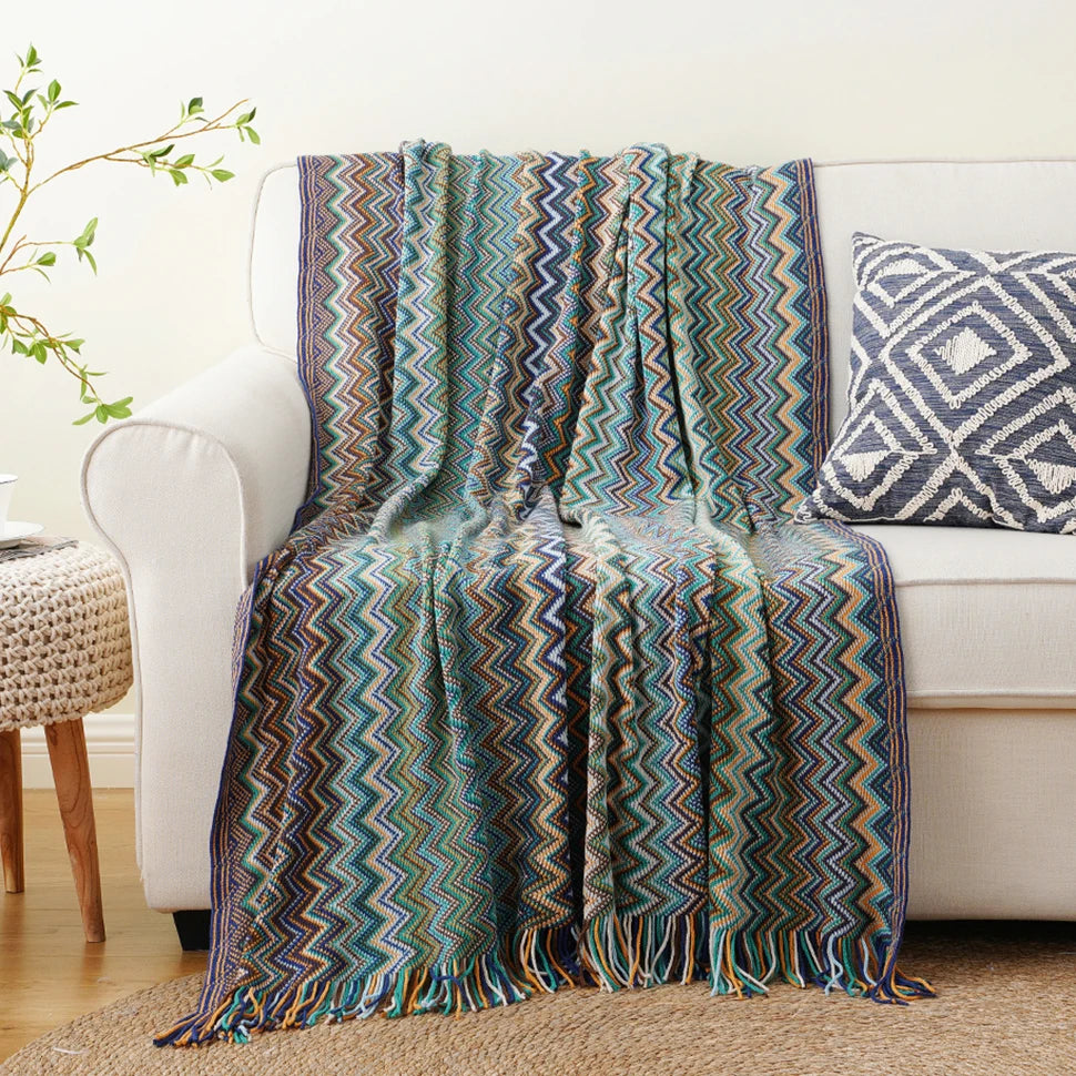 Battilo Boho Throw Blanket Lightweight Knit Throw With Tassels Bohemian woven Sofa Blankets Soft Bed Plaid Decorative Blanket Peaceful Pleasures Health and Wellness Blue 130x200cm